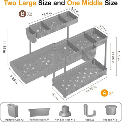 Sevenblue 3 Pack Multi-Purpose Under Sink Organizers and Storage, 2026 L-Shaped Pull Out Cabinet Organizer for Bathroom & Kitchen, Under Cabinet Organizer with Hooks Hanging Cup (Grey, 14.85 inch) - Image 6