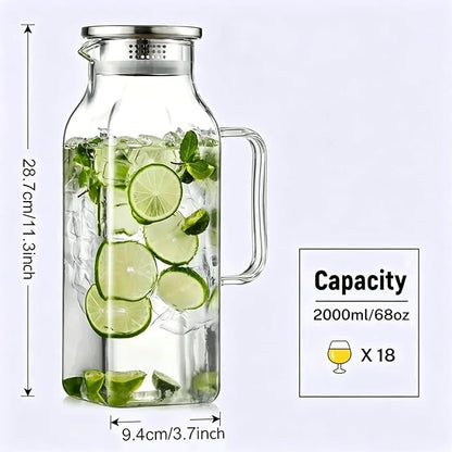 2 Pack 2 Liters/68 oz Square Glass Pitcher with Lid and Handle, Glass Carafe for Hot/Cold Water, Large Iced Tea Pitcher for Coffee, Juice