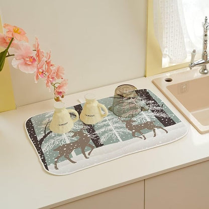 Winter Dish Drying Mat 18 x 24 inch Winter Landscape Snow Tree Deer Decorative Drying Mats Microfiber Absorbent Holiday Dish Washable Draining Mat for Kitchen Counter Decor