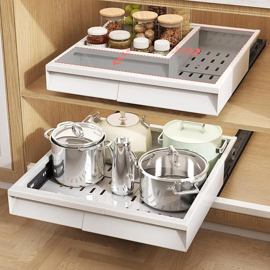 Seinloes 2 Pack Pull Out Cabinet Organizer With Raising Pad for Framed Cabinets,Expandable Width (11"-16") and Depth (13"-17"),3 Slide Rails Slide Out Drawers with Handle,No-Drill Roll Out Shelf,White by Seinloes