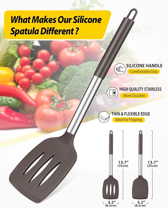Pack of 2 Silicone Solid Turner, Non Stick Slotted Kitchen Spatulas, High Heat Resistant BPA Free Cooking Utensils, Ideal Cookware for Fish, Eggs, Pancakes(Chocolate) - Image 2