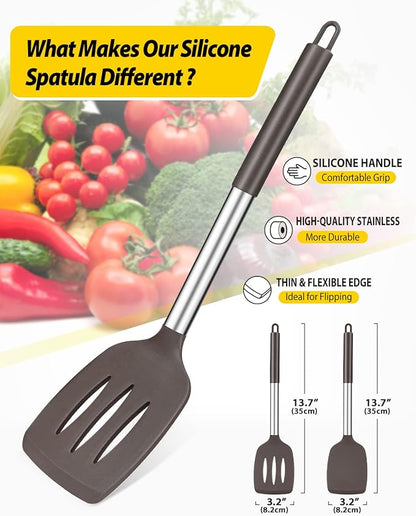 Pack of 2 Silicone Solid Turner, Non Stick Slotted Kitchen Spatulas, High Heat Resistant BPA Free Cooking Utensils, Ideal Cookware for Fish, Eggs, Pancakes(Chocolate) - Image 2