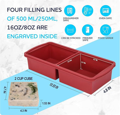 ZIP STANDING Silicone Freezer Trays with Lid,2-cup Soup Freezer Container large Ice Cube Molds with Reinforced Steel Ring Top for freezing Soup Sauce Broth Leftovers oven Dishwasher -Safe (red)