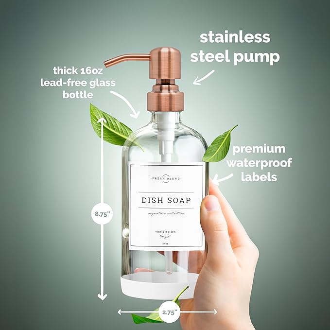 Vine Creations Clear Glass Soap Dispenser, 2 Pack Kitchen Soap Dispenser Set with Stainless Steel Pump, 16 oz Dish Soap and Hand Soap Dispensers for Bathroom with Waterproof Labels - Image 6
