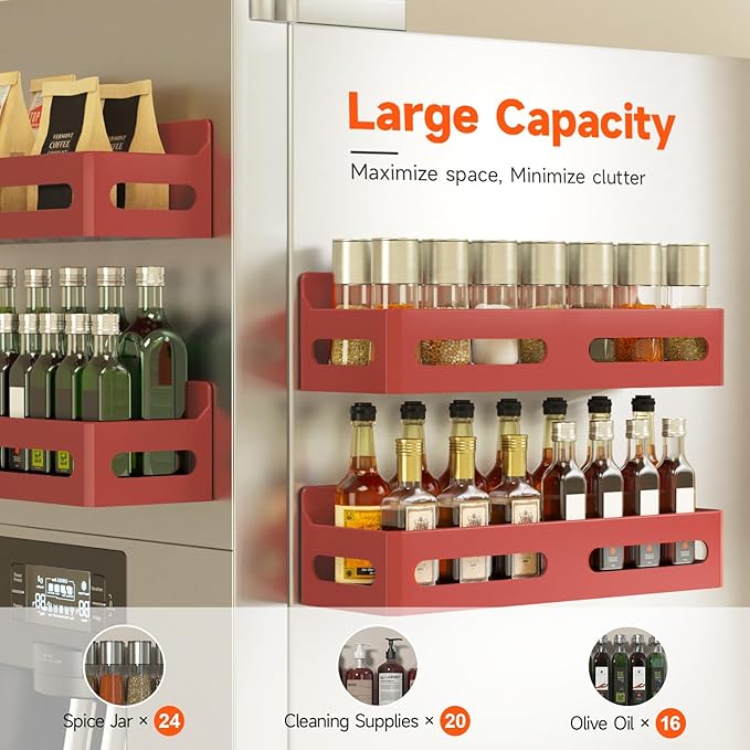 Sevenblue 4 Pack Strong Magnetic Spice Rack for Refrigerator, Multipurpose Magnetic Shelf for Fridge with 4 Hooks for kitchen and Bathroom Organization, Red - Image 4