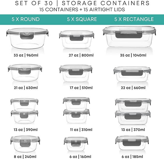 Razab 30 PC Glass Food Storage Containers with Lids - Reusable Glass Meal Prep Containers for Lunch & Leftovers - Airtight & Leakproof Snap Locking Lids - Oven, Freezer, Microwave & Dishwasher Safe - Image 2