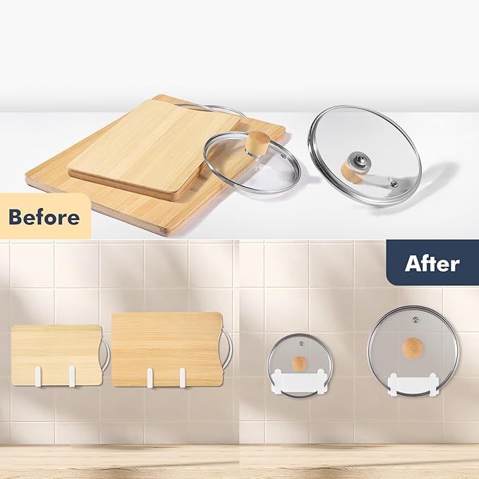 Pot Lid Rack, Wall Mounted 304 Stainless Steel Pan Lid Organizer Holder, Self Adhesive, Kitchen Cooking Utensil Tool (White) - Image 8