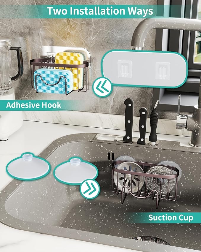 HapiRm Multifunctional Sponge Holder for Kitchen Sink with Unique M-Shaped, 2 Installation Methods Sink Caddy, Stainless Steel Kitchen Organizer for Sponge, Brush, Sink Stopper and Scraper -Bronze - Image 3