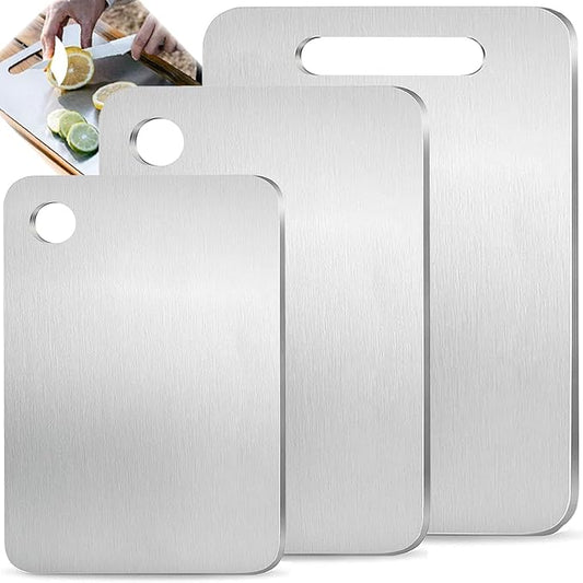 100% Pure Titanium Cutting Board Set of 3, Double-Sided Titanium Cutting Boards for Kitchen Dishwasher Safe, Food-Grade Metal Chopping Board Mat for Fruit, Meat & Outdoor BBQ Party (S+M+L)