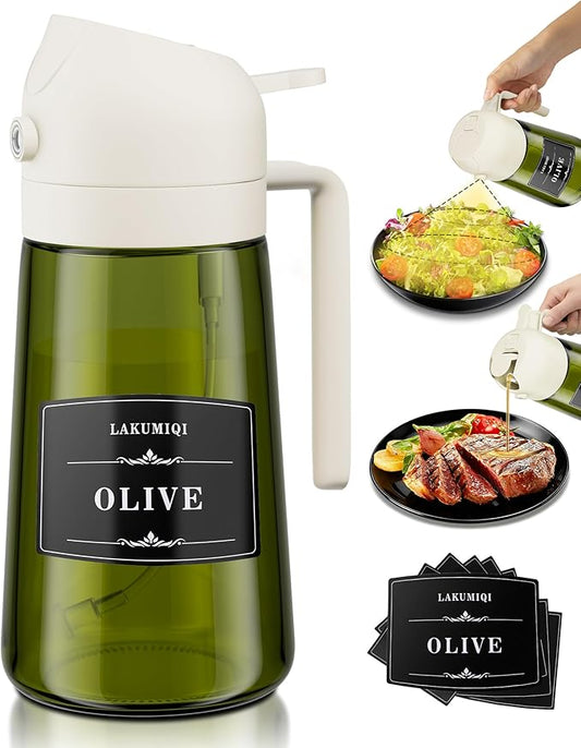 LAKUMIQI 2 in 1 Oil Sprayer for Cooking, 16oz Olive Oil Dispenser Bottle for Kitchen, Food Grade Light-Blocking Leak Proof Glass Spray Bottle for Salad, Air Fryer, BBQ by LAKUMIQI