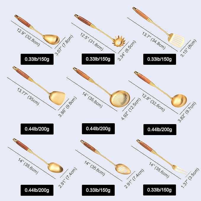 Gold Kitchen Utensils Set, 9 PCS Stainless Steel Cooking Utensils with Wood Handle, Solid and Slotted Spoon, Fork, Spatula, Ladle, Skimmer, Slotted Tunner, Spaghetti and Large Spoon - Image 6