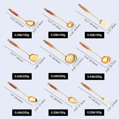 Gold Kitchen Utensils Set, 9 PCS Stainless Steel Cooking Utensils with Wood Handle, Solid and Slotted Spoon, Fork, Spatula, Ladle, Skimmer, Slotted Tunner, Spaghetti and Large Spoon - Image 6