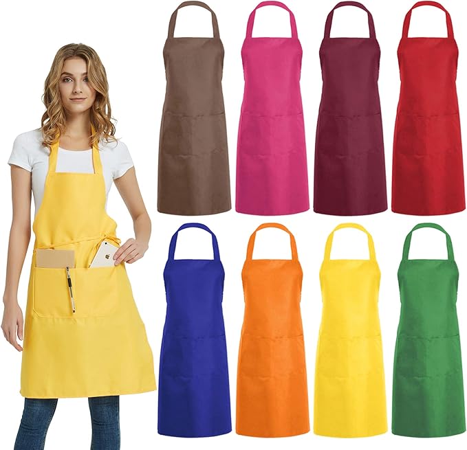 DUSKCOVE 8 PCS Plain Bib Aprons Bulk - Mixed Color Commercial Apron with 2 Pockets for Kitchen Cooking Restaurant BBQ Painting Crafting by DUSKCOVE