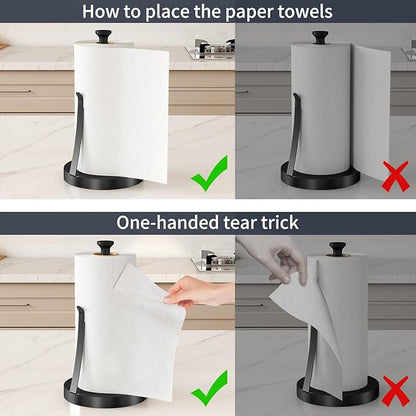 Jesginboo Countertop Paper Towel Holder for Kitchen, Stainless Steel Tension Arm for One-Handed Tear, Stainless Steel Paper Towel Holder Stand for Kitchen Bathroom, Black