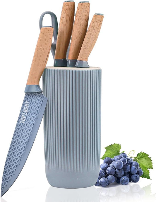 Kitchen Knife Set, Retrosohoo 6-Pieces Blue Sharp Knife Set for Kitchen, Non-stick Non-slip Stainless Steel Chef Knife Set with Universal Knife Block Suitable for Home Restaurant (Dusty Blue)