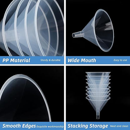 8 Pcs 6 Inch Wide Mouth Plastic Large Funnels,Multi-Purpose Clear Funnels with with Reaching Spout for Water Bottles,Oils,Kitchen, Easy and Smooth Content Transfer