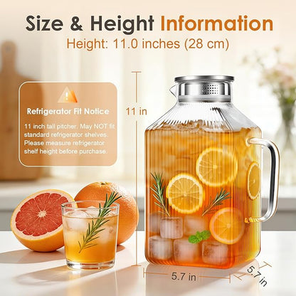 1 Gallon thickened Square Glass Pitcher with Lid, Spout and Handle, Striped Water Pitcher for Fridge, Borosilicate Glass Carafe for Cold Water & Hot Brew, Large Jug for Iced Tea, Coffee, Juice