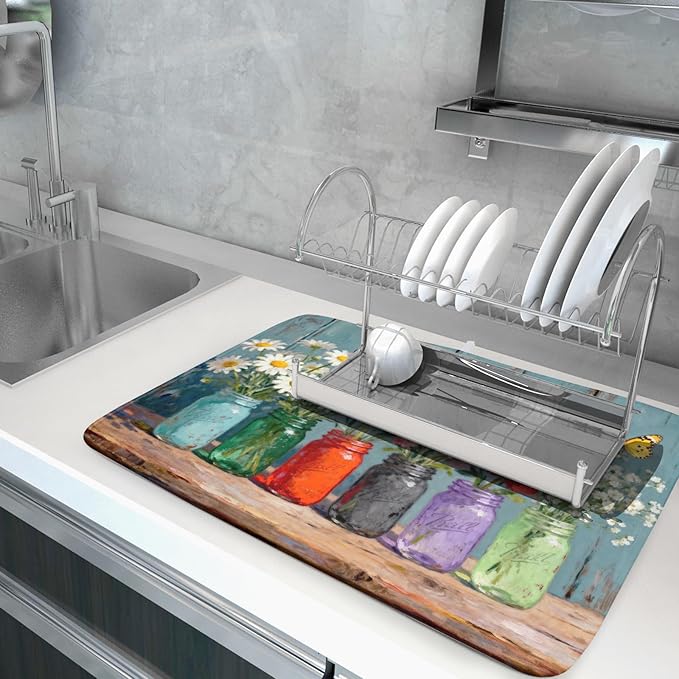 Dish Drying Mat for Kitchen Counter 18x24, Spring Summer Floral Decorative Absorbent Reversible Microfiber Kitchen Countertop Protector Dishes Drainer Pad - Image 5