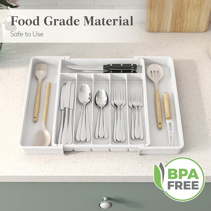 Lifewit Silverware Drawer Organizer, Expandable Utensil Tray for Kitchen, BPA Free Flatware and Cutlery Holder, Adjustable Plastic Storage for Spoons Forks Knives, 10.9"-17.5" x 13.7", White - Image 7