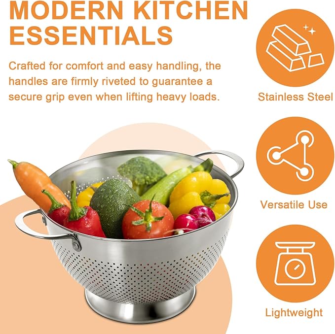 Stainless Steel Colander Set of 3 (1.5-3-5Quart) | Durable Rice and Pasta Strainer with Handle | Oversized Handles | Nesting Design | Rust-Resistant & Dishwasher Safe - Image 5