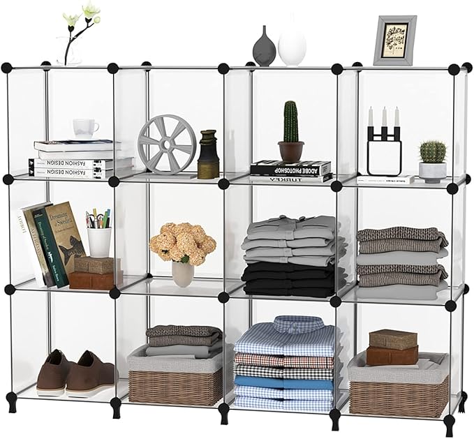 AWTATOS Cube Storage Organizer Storage 12 Cube Bookshelf DIY Plastic Closet Storage Shelves with Wooden Mallet, Ideal Storage Solution for Home, Bedroom, Translucent White - Image 7