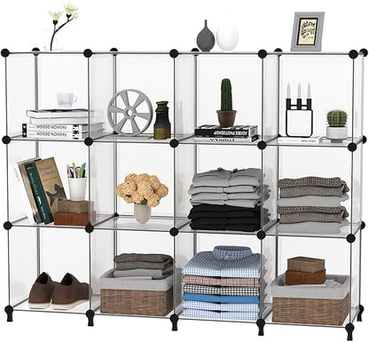AWTATOS Cube Storage Organizer Storage 12 Cube Bookshelf DIY Plastic Closet Storage Shelves with Wooden Mallet, Ideal Storage Solution for Home, Bedroom, Translucent White - Image 7