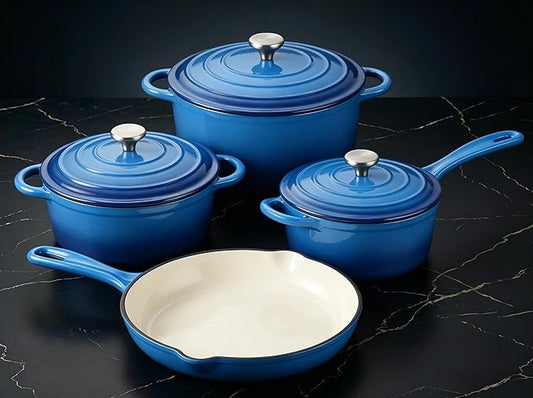 QuliMetal Enameled Cast Iron Cookware Set, 4-Piece Pots and Pans Set with Lids, 10.25" Skillet, 2QT Saucepan, 2.8QT & 4.8QT Dutch Ovens, Oven Safe to 500°F, All Stovetops Compatible - Cobalt Blue
