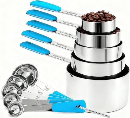 Bopei Measuring Cups and Spoons Set Stainless Steel 10 Piece for Cooking and Baking (5 Cups + 5 Spoons, Light Blue Handle) by Bopei