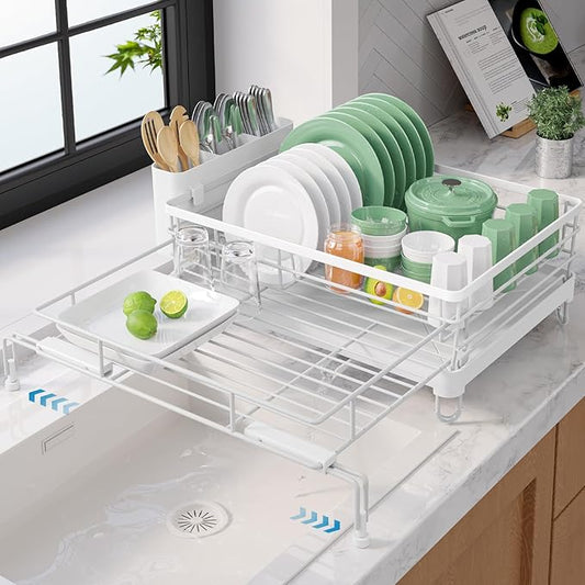 Kitsure Extendable Dish Drying Rack - Rust-Resistant Dish Racks for Kitchen Counter with Adjustable Support Legs, Cutlery Holder & Removable Draining Tray (White, 15.6''-25.2''L × 16.9''W × 8.1''H) by Kitsure