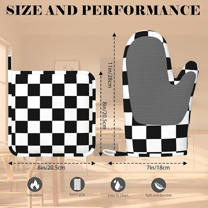 Checkerboard Oven Mitt and Pot Holder with Silicone Heat Resistant Kitchen for Cooking BBQ Baking Grilling Cooking Protection