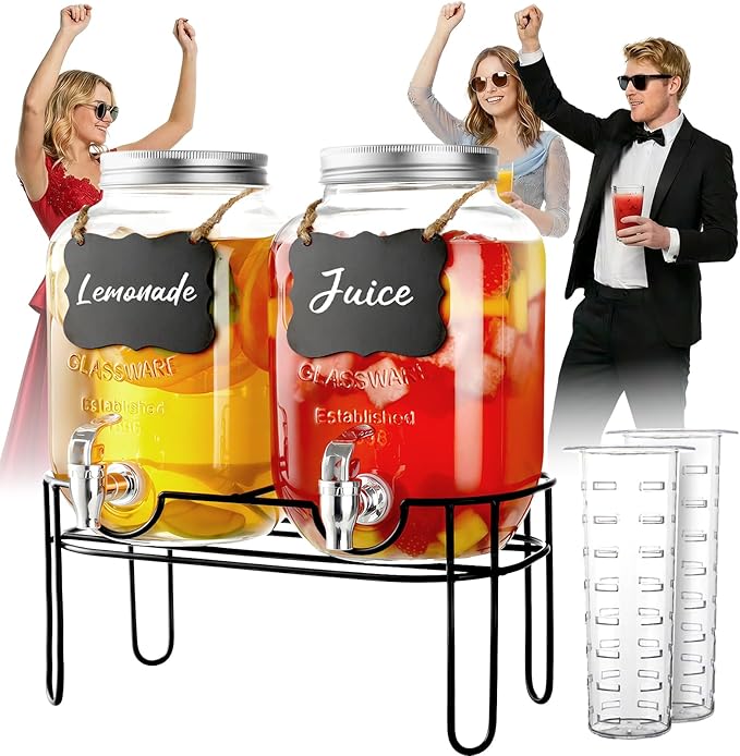 1 Gallon Glass Drink Dispensers For Parties, 2 Pack Beverage Dispenser，Lemonade Dispenser With Fruit Infuser And Stand For BBQ, Picnic, Party,Sun Tea