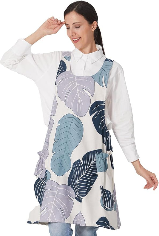Cozy Adjustable Cross Back Aprons for Women with Pockets Cotton Linen Cooking Kitchen Baking