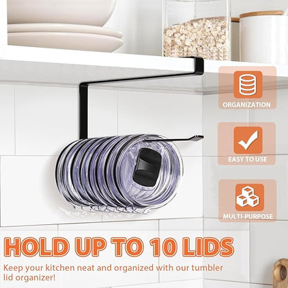 Tumbler Lid Organizer, Horizontal Tumbler Lid Storage Hook Up to 10 Lids, Space Saving Cup Lid Holders Under Cabinet Tumbler Lid Hook for Kitchen Organizer and Storage,Hanging Paper Towel Rack Hanger - Image 2