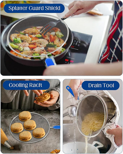 Splatter Screen for Frying Pan, 8 Inch Grease Splatter Guard with Handle Stainless Steel Kitchen Oil Splash Guard Mesh Strainers Pan Cover Cooking Protector for Frying Cooking