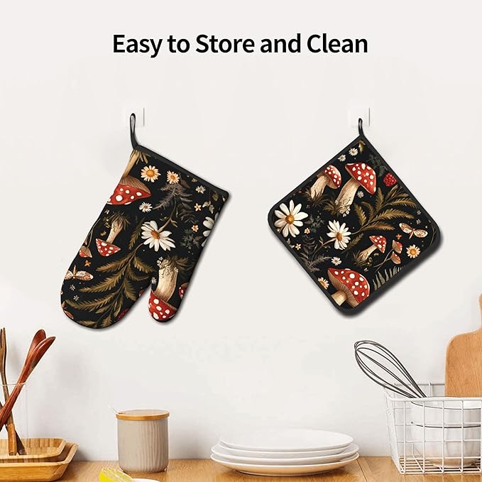 Mushroom Oven Mitt Pot Holder Set Vintage Floral BBQ Cooking Gloves with Loop Baking Grilling Kitchen Gifts for Spring Summer - Image 6