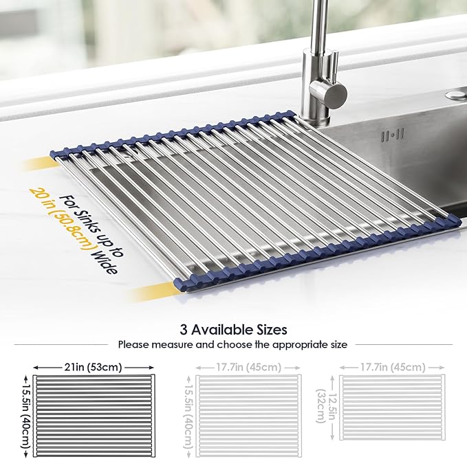 Tomorotec 21" x 15.5" Roll Up Dish Drying Rack Over Sink Drying Rack Sink Cover Kitchen Sink Accessories Gadget Multipurpose Organizer Foldable Stainless Steel Drainer - Image 4