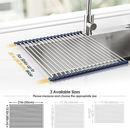 Tomorotec 21" x 15.5" Roll Up Dish Drying Rack Over Sink Drying Rack Sink Cover Kitchen Sink Accessories Gadget Multipurpose Organizer Foldable Stainless Steel Drainer - Image 4