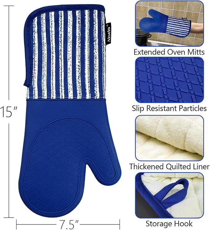 Alselo Silicone Oven Mitts Heat Resistant 932℉ with Waterproof & Non-Slip Kitchen Mittens, Set of 2 Extra Long Oven Gloves with Soft Cotton Terry Lining for Baking Cooking Barbecue (Cobait Blue, 2) - Image 2
