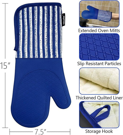 Alselo Silicone Oven Mitts Heat Resistant 932℉ with Waterproof & Non-Slip Kitchen Mittens, Set of 2 Extra Long Oven Gloves with Soft Cotton Terry Lining for Baking Cooking Barbecue (Cobait Blue, 2) - Image 2