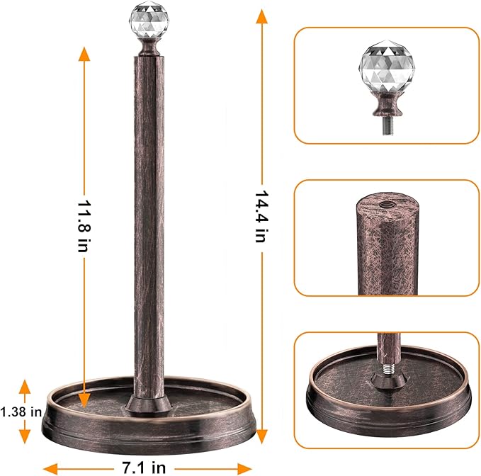 Kasunto Paper Towel Holder (with Crystal Ball) Steel Paper Towel Holder countertop，Paper Towel Holder Stand for Kitchen Countertops, Bars & Dining Tables,Fits Standard & Jumbo Rolls,Oil Rubbed Bronze - Image 2