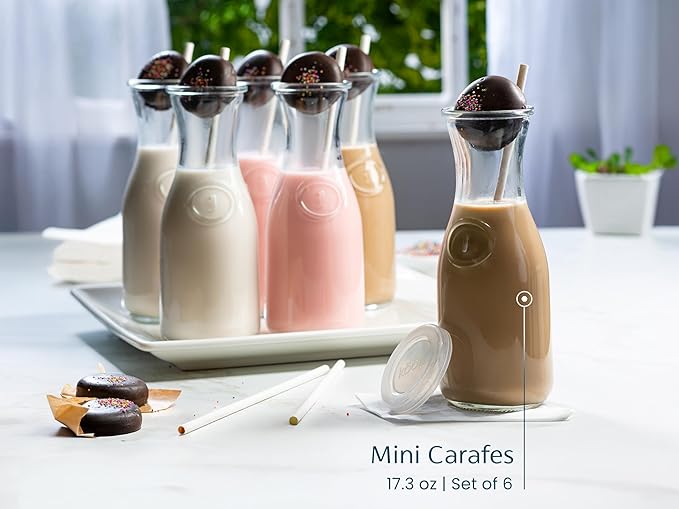 Glass Carafe Pitchers, by Kook, Mini Carafes- set of 6, Beverage Dispensers, Clear Jugs For Mimosas, Water, Wine, Milk and Juice, with Plastic Lids, Dishwasher Safe 17.3 oz - Image 5