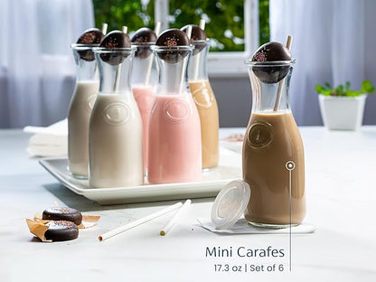 Glass Carafe Pitchers, by Kook, Mini Carafes- set of 6, Beverage Dispensers, Clear Jugs For Mimosas, Water, Wine, Milk and Juice, with Plastic Lids, Dishwasher Safe 17.3 oz - Image 5