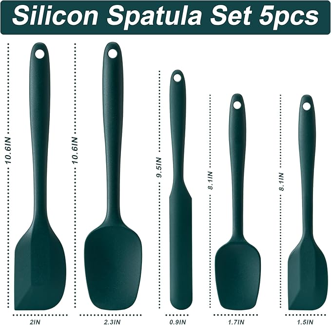 Silicone Spatula Set, 5 Piece Food Grade Rubber Spatulas for Baking, Cooking, and Mixing High Heat Resistant Non Stick Dishwasher Safe BPA-Free (Dark Green) - Image 2