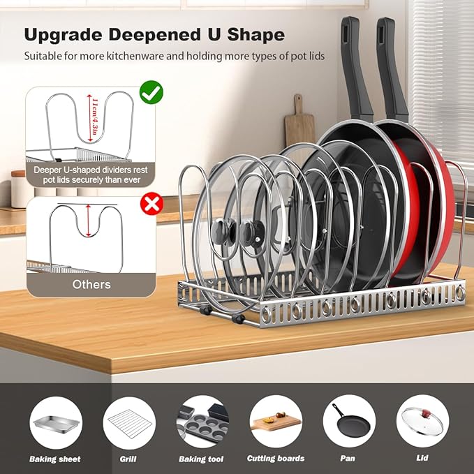 Housolution Pot and Pan Organizer Rack for Cabinet, Pot Lid Organizer with 7 Adjustable Dividers, Pan Holder Storage Rack for Kitchen Cabinet, Silver - Image 2
