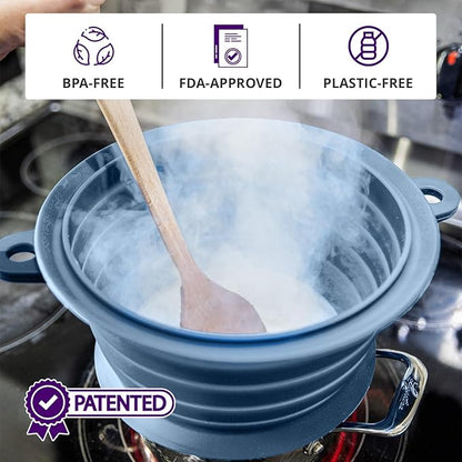 L.I.Q Silicone Splatter Guard – Fits 8 and 10 Inch Pots (20 and 25 Centimeters) – Microwave Safe and Durable SplatterDom - Includes 8” Lid - Food and Oil Splash Guard (Blue Steel, Small)