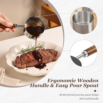 Mini Sauce Pan 250ml, Stainless Steel Butter Warmer with Wooden Handle and Dual Pour Spouts, Small Milk Pan for Melting Butter, Heating Milk, Coffee, Sauce, Chocolate