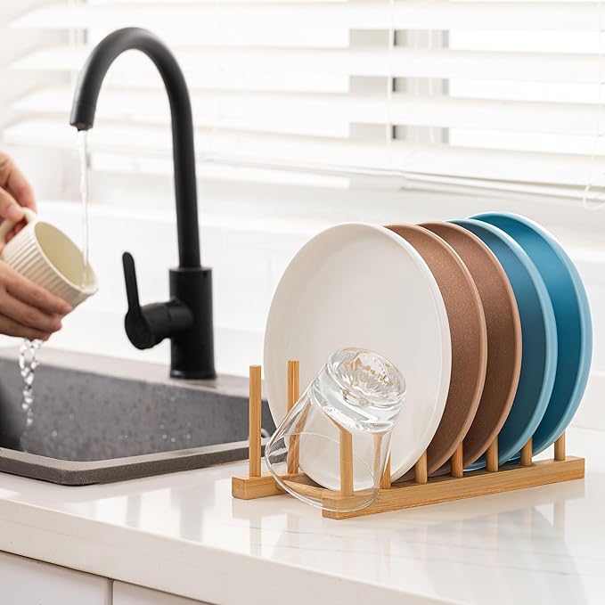 HBlife 4pcs Bamboo Dish Plate Bowl Cup Book Pot Lid Cutting Board Drying Rack Stand Drainer Storage Holder Organizer Kitchen Cabinet（Keep Dry） - Image 4