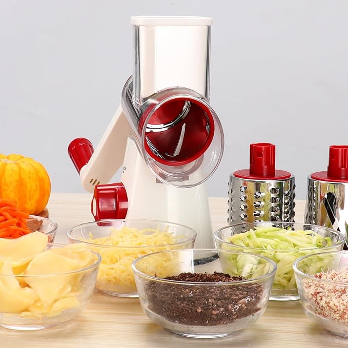 Cambom Rotary Cheese Grater Hand Crank Cheese Shredder for Fresh Cheese, Vegetable, Nuts,Non-slip Suction Base, Free Cleaning Brush Three Blades,Red White - Image 6