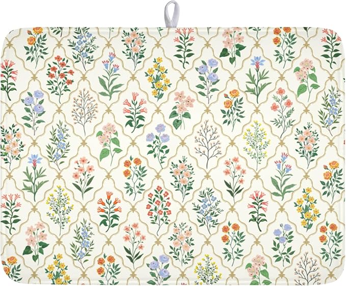 Floral Dish Drying Mat for Kitchen Counter Spring Summer Wild Flowers Diamond Pattern Microfiber Dish Drainer Mat Rustic Absorbent Washable Drying Pad Extra Large 18"x24"