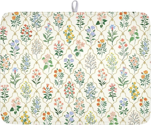 Floral Dish Drying Mat for Kitchen Counter Spring Summer Wild Flowers Diamond Pattern Microfiber Dish Drainer Mat Rustic Absorbent Washable Drying Pad Extra Large 18"x24"